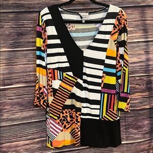 Lynn Ritchie Silver Colorful Striped and Patterned V-Neck Top